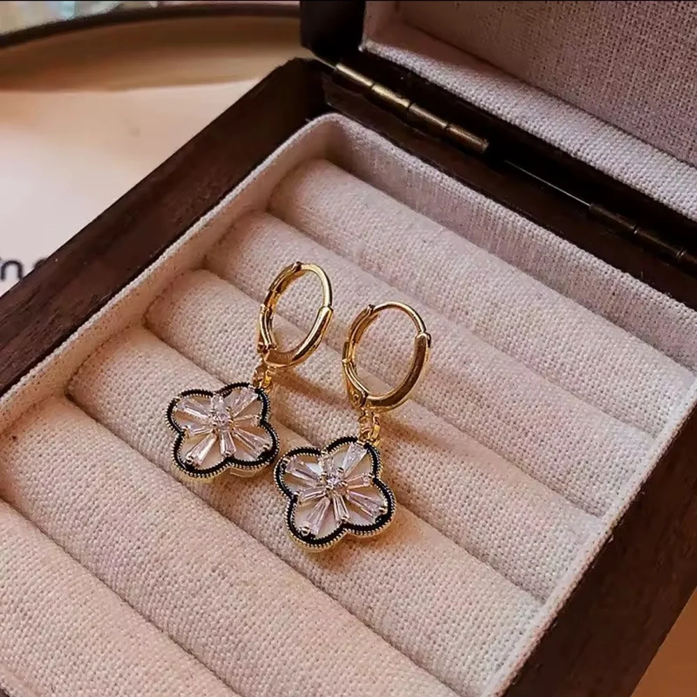 Clover Earrings Elegant Two-Sided Four-Leaf Clover Earrings โ Gold Plated - Picture 11 of 15